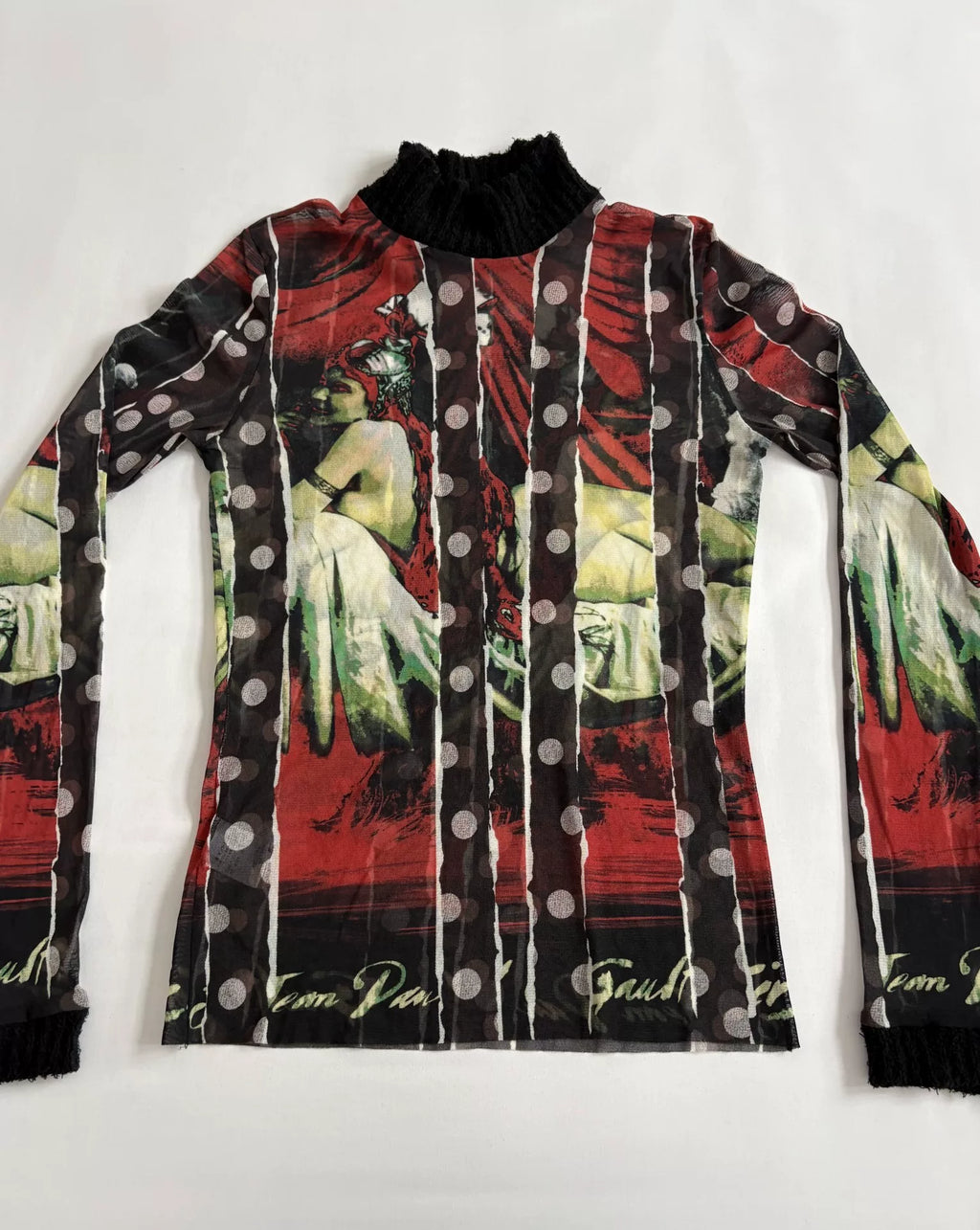 jean paul gaultier portrait print mesh dress Gaultier pre‑owned vintage beautiful woman portrait polka dot knit patchwork mesh top