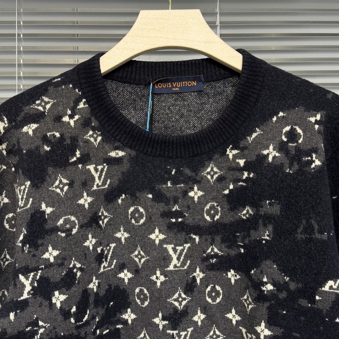 Louis Vuitton Knit Distressed Wool Monogram All-Over Logo Print Navy Sweater