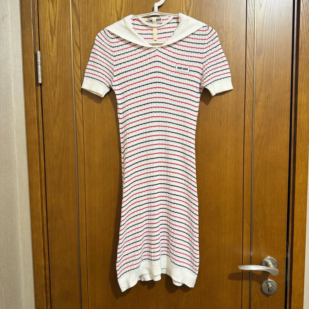 Miu Miu Striped Embroidered Logo Dress
