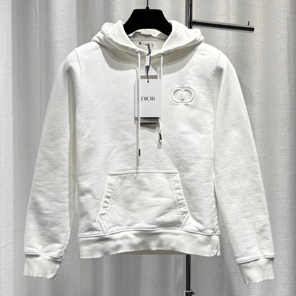 Dior White CD Letter Embroidered Combed Cotton Hooded Sweater
