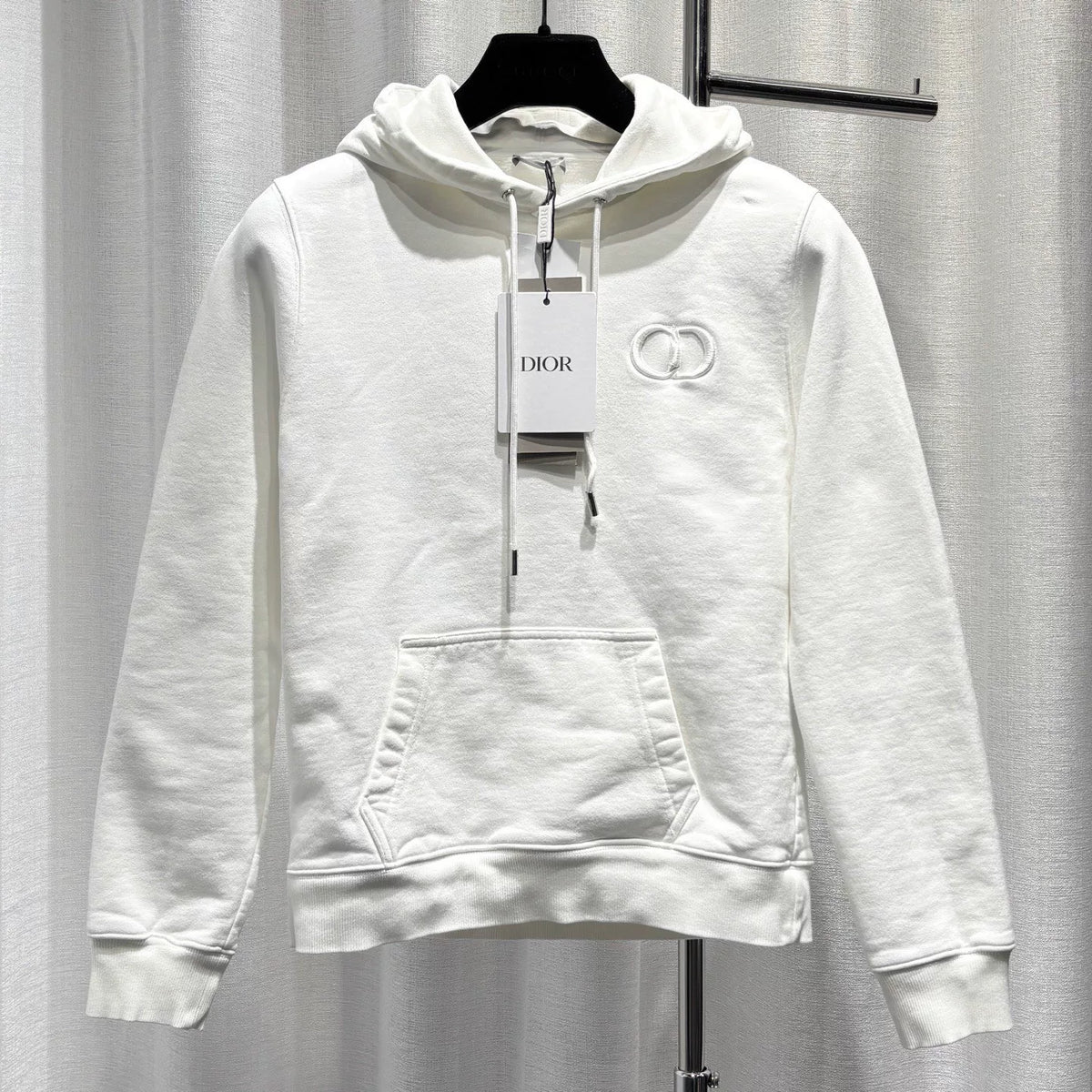 Dior White CD Letter Embroidered Combed Cotton Hooded Sweater