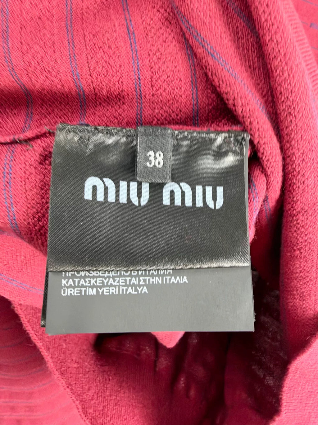 Miu Miu SS26 Red Letter Collared Striped Knit Sweater