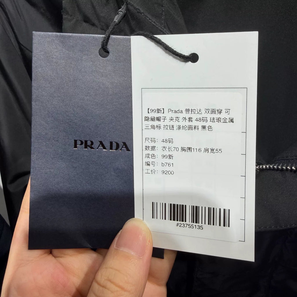 Prada Reversible Hat Metallic Triangle Logo Zip Black Jacket