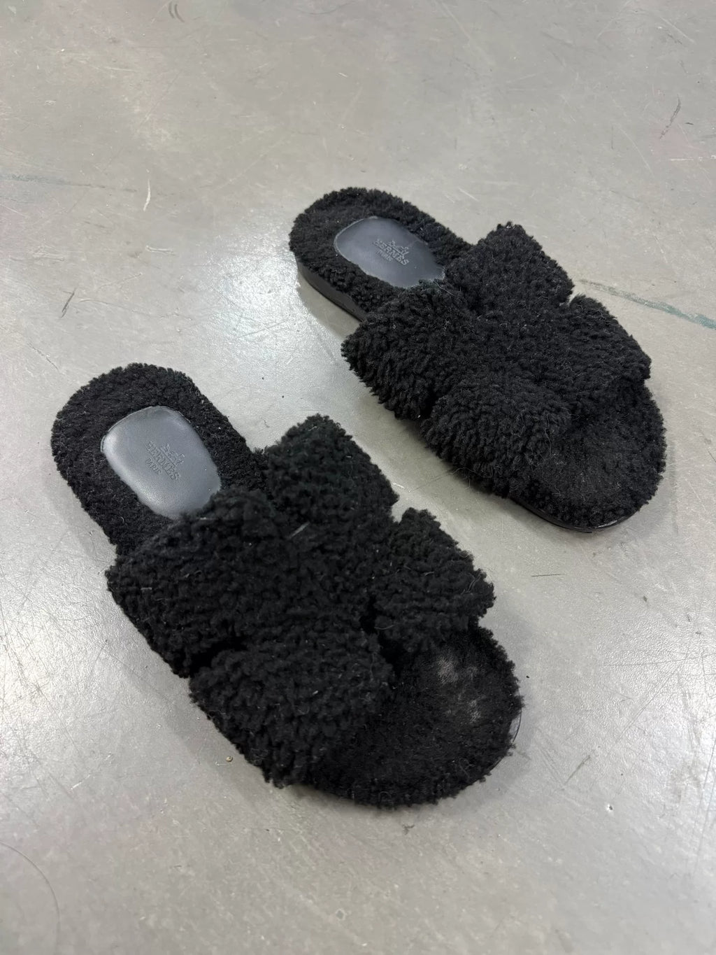 Hermes Black Fur Slides