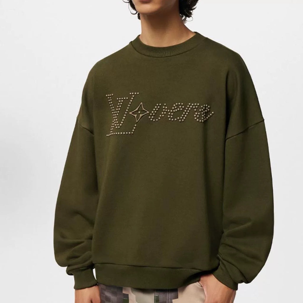 Louis Vuitton SS24 Pharrell Studded Embroidered Logo Cotton Olive Sweater