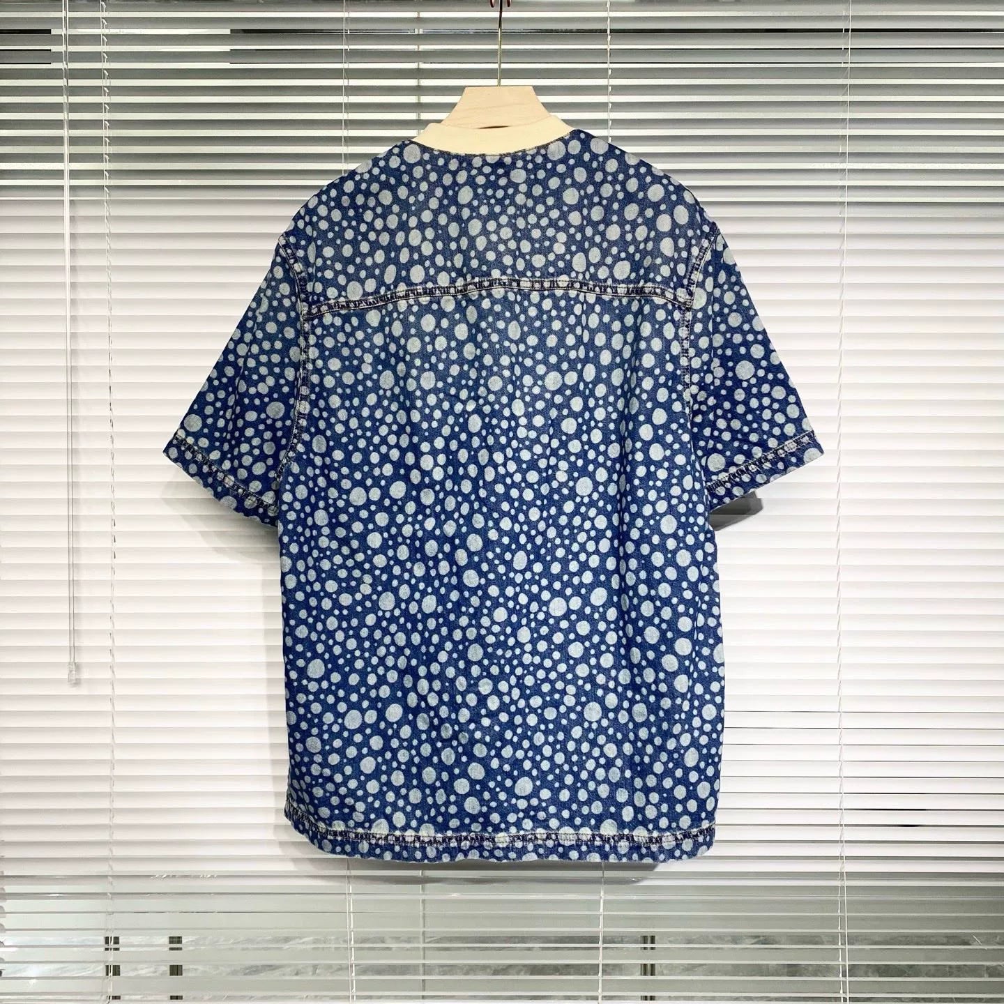 Louis Vuitton Denim Short Sleeve Yayoi Kusama Polka Dot All-Over Print Embroidered Logo Denim Blue Shirt