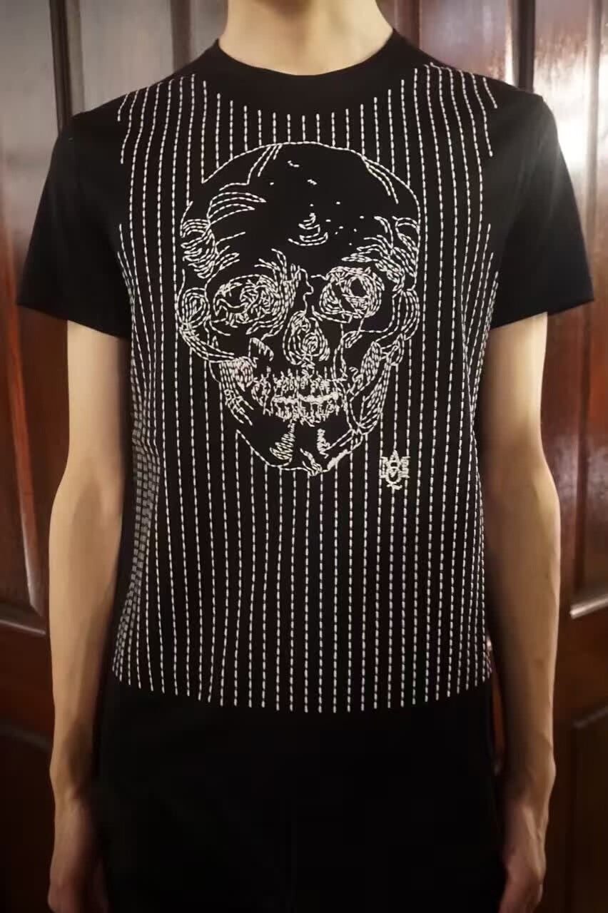 Alexander McQueen FW16 Striped Embroidered Skull Short Sleeve Cotton T-Shirt