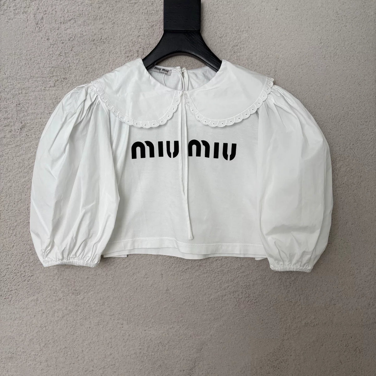Miu Miu High-Waist Peter Pan Collar Puff Sleeve Top