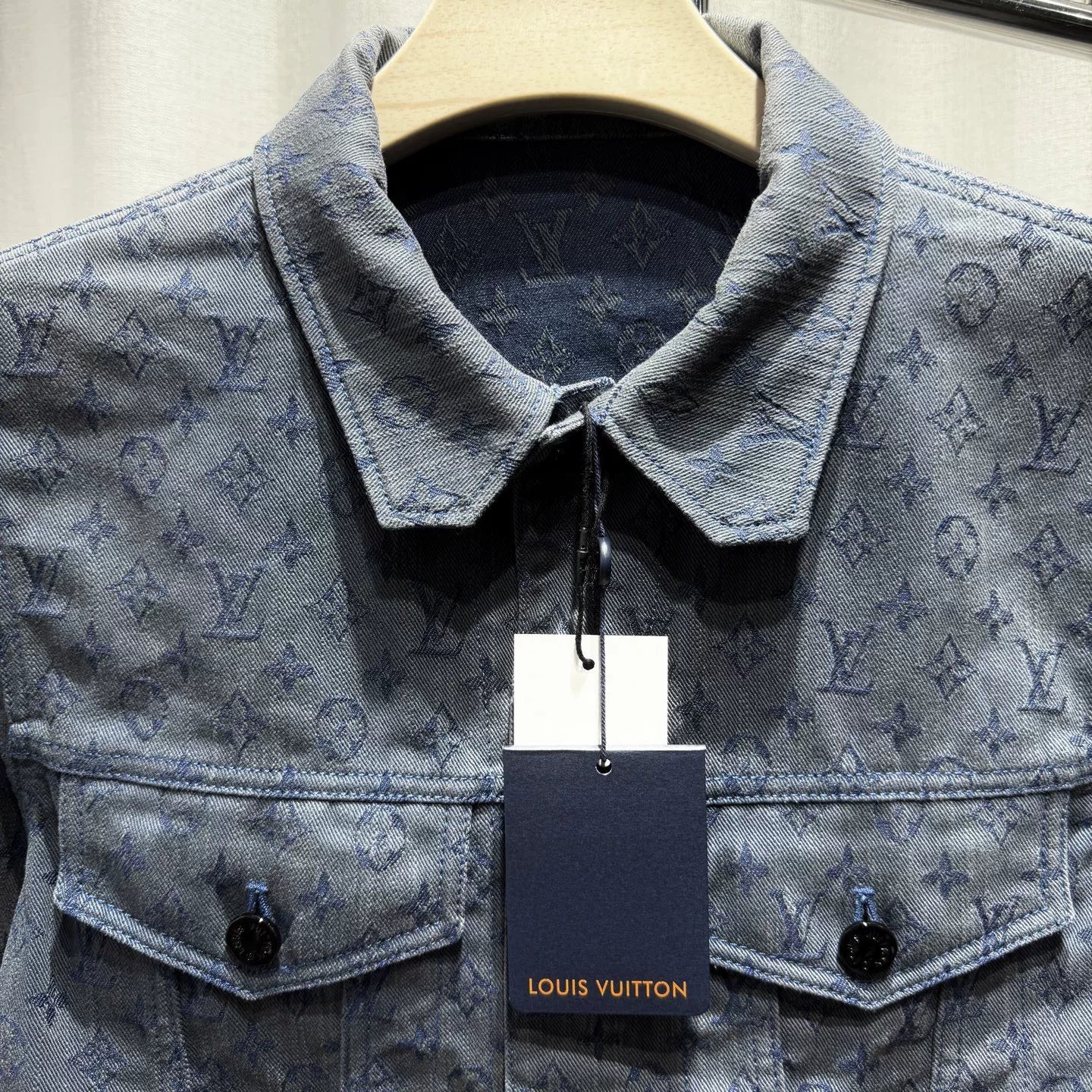 Louis Vuitton Denim Monogram All-Over Print Button-Front Washed Distressed Blue Jacket