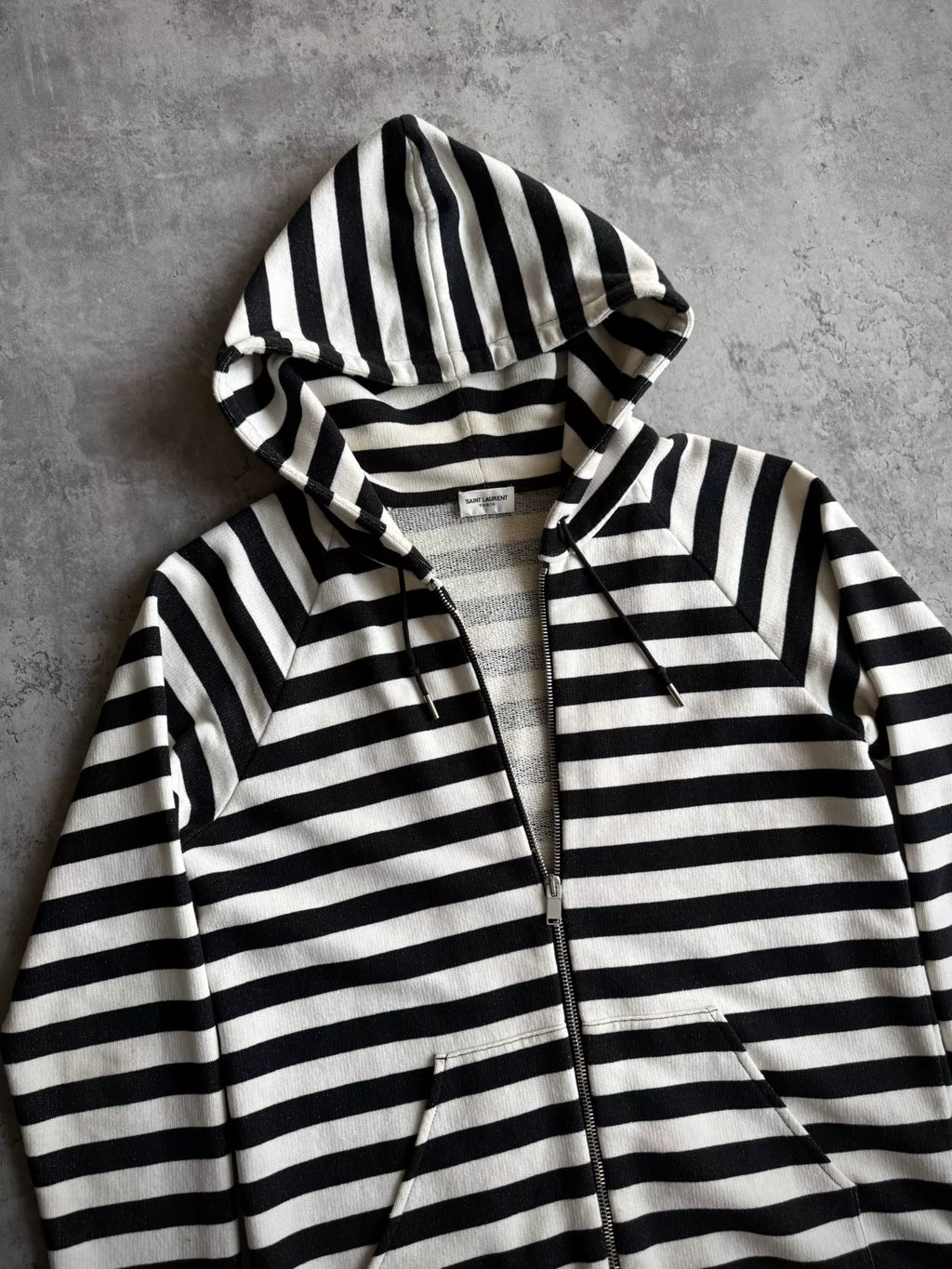 Saint Laurent Paris AW15 Black White Striped Zip-Up Hooded Sweater by Hedi Slimane