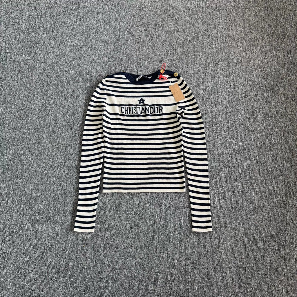 Dior Blue White Stripe Silk Cashmere Knit Top