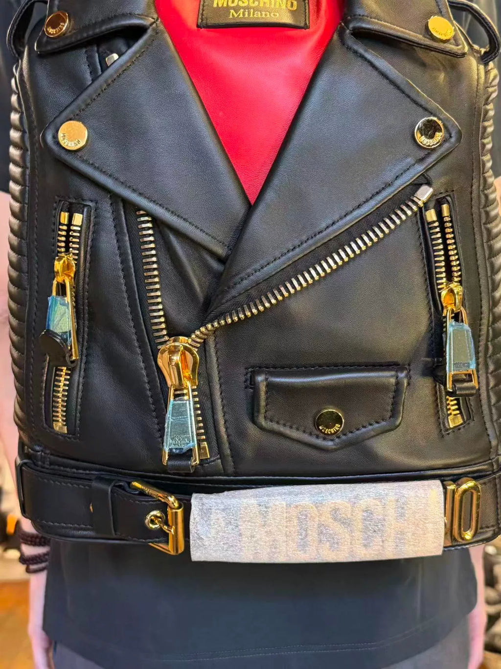 Moschino FW14 Black Biker Gold Buckle Lambskin Backpack