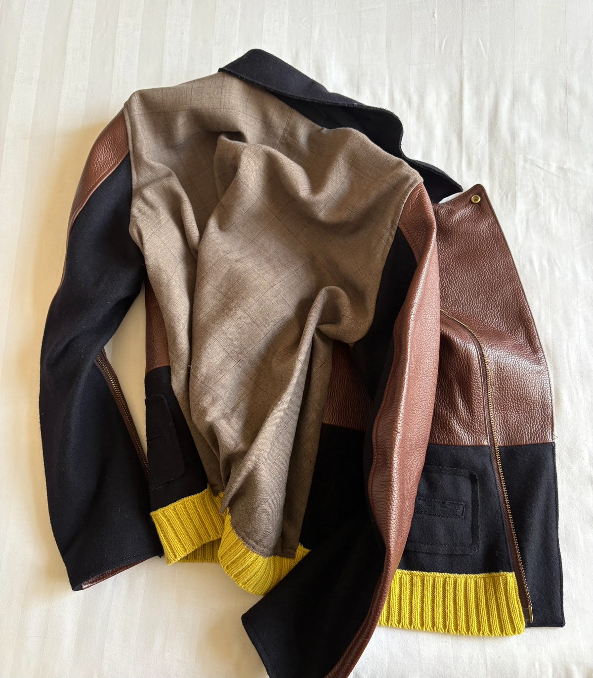 Undercover Zip Panel Leather Deconstructed Pleated Plaid Knit Jacket