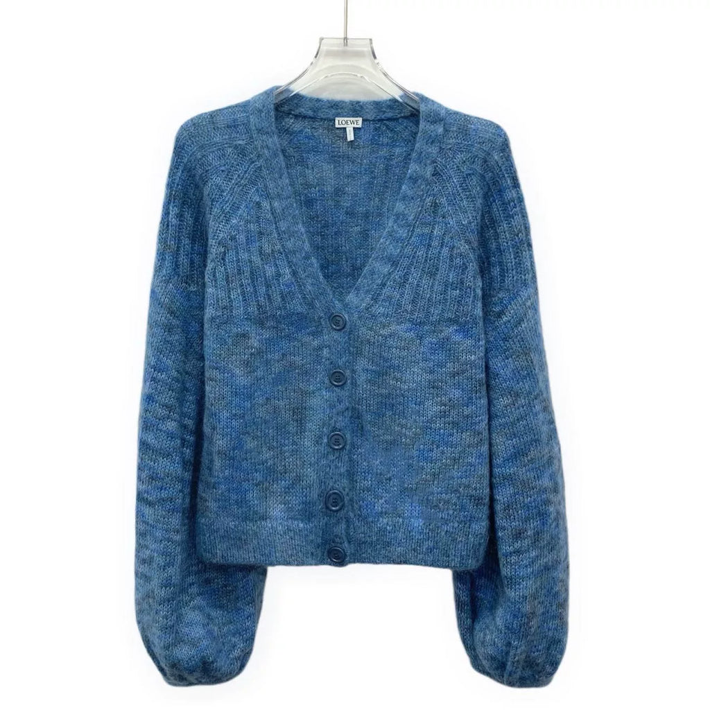 Loewe Navy Blue Mohair V-Neck Single-Breasted Cardigan Jacket