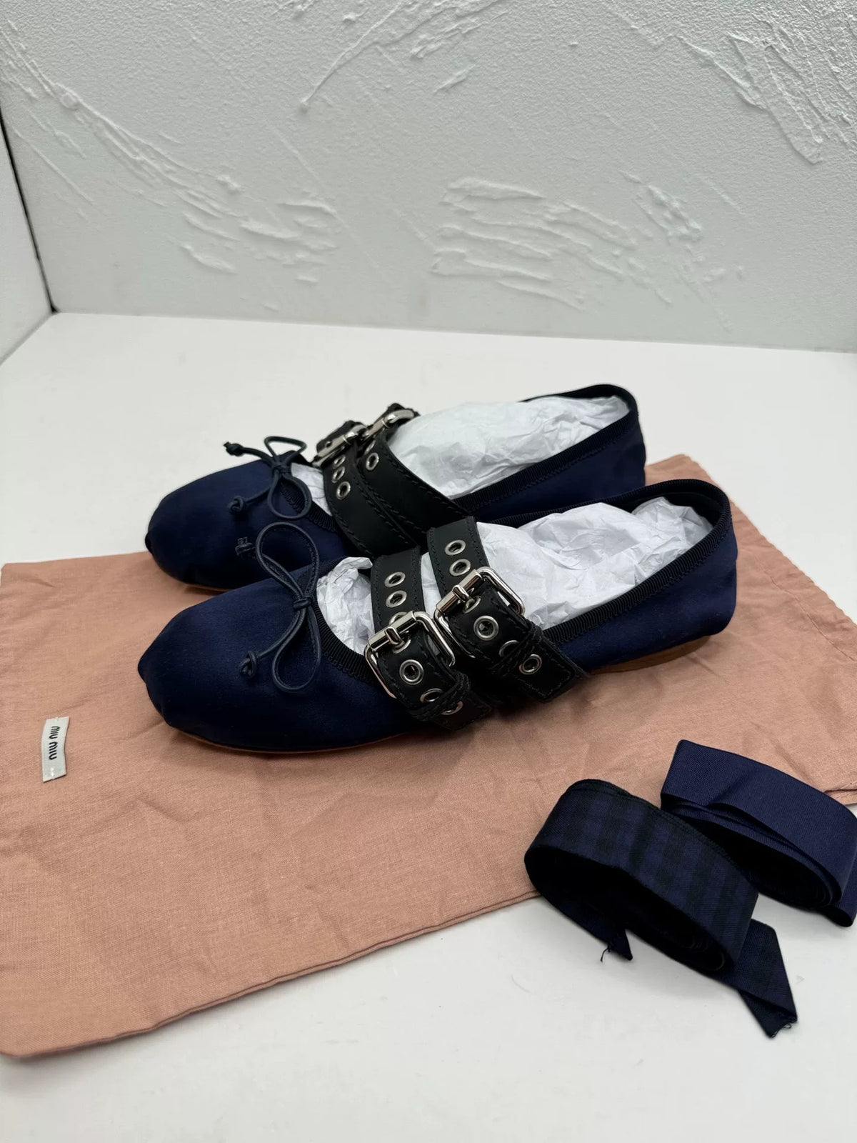 Miu Miu Navy Blue Satin Leather Bow Mary Janes