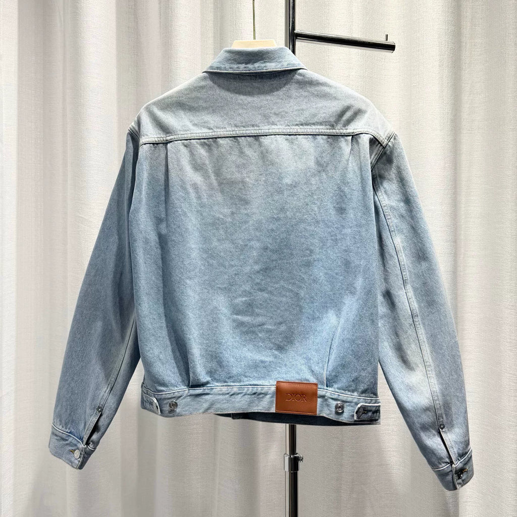 Dior Long Sleeve Denim Lapel Leather Patch Patch Button-Front Light Blue Jacket