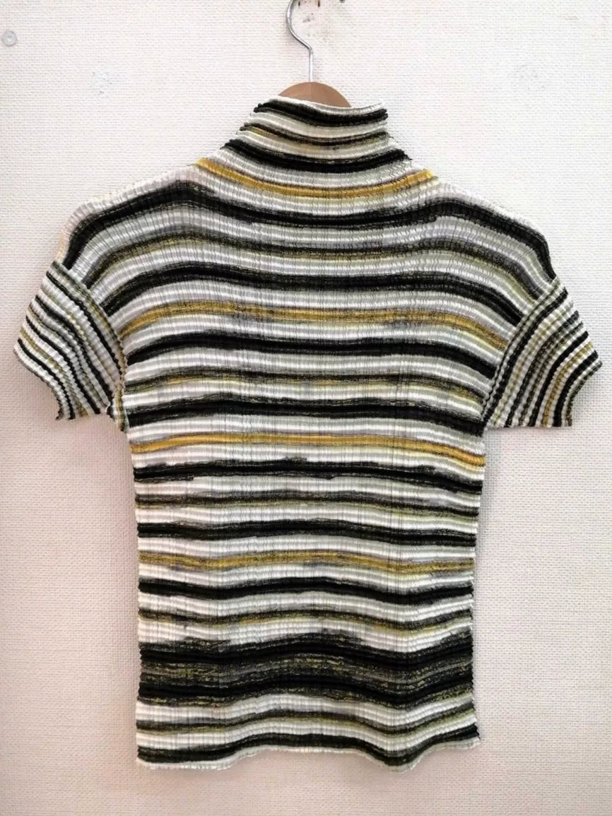 Issey Miyake Striped Pleated Short-Sleeve Top
