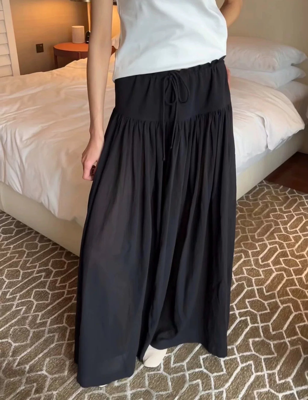 The Row Black Drawstring Pleated Cotton Trousers