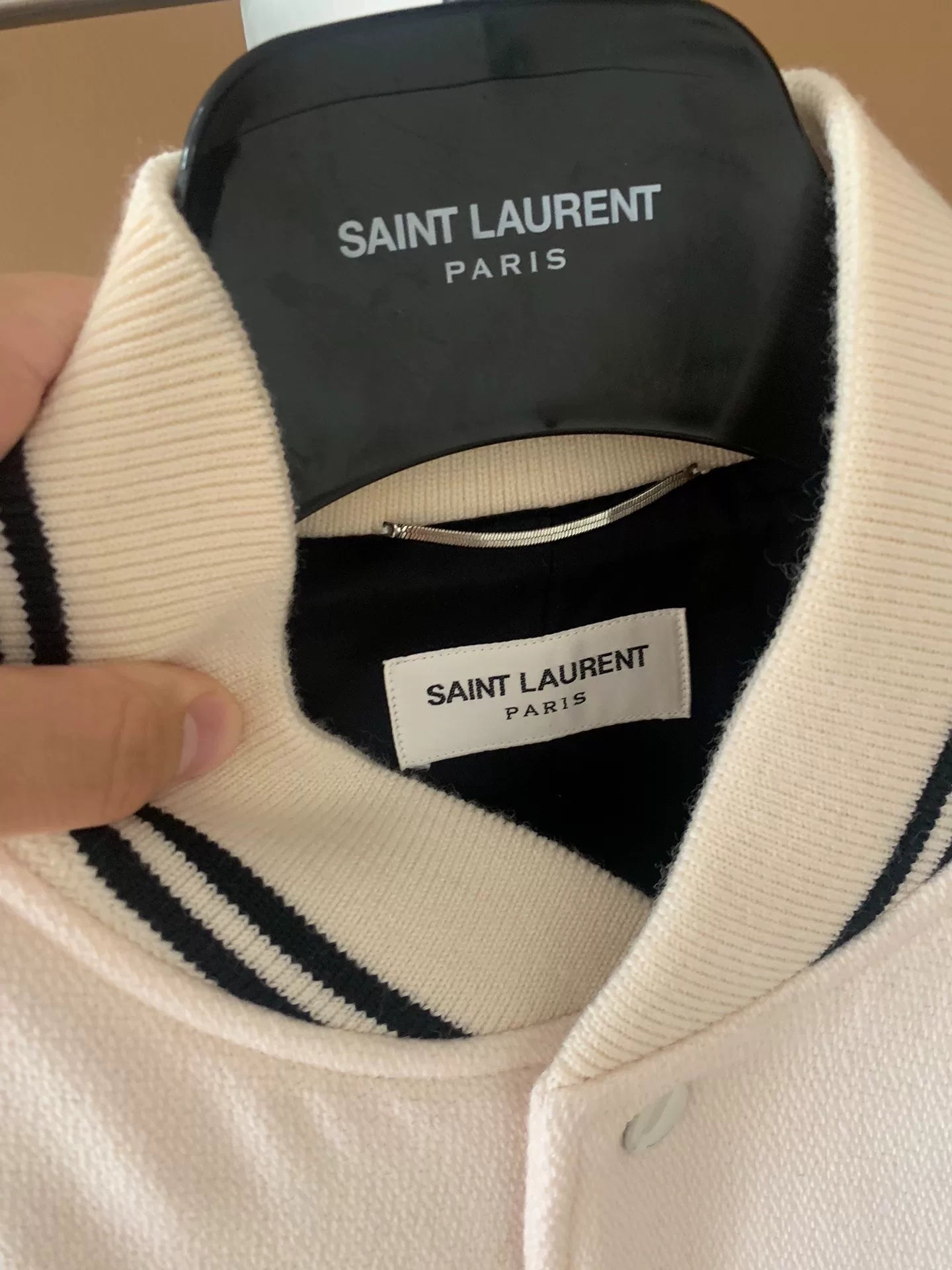 Saint Laurent 22FW White Wool Pieced Leather Teddy Jacket