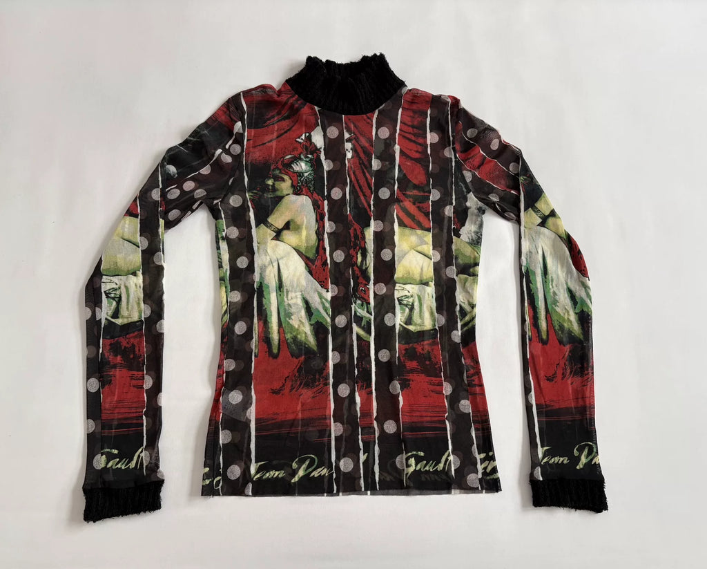 jean paul gaultier portrait print mesh dress Gaultier pre‑owned vintage beautiful woman portrait polka dot knit patchwork mesh top