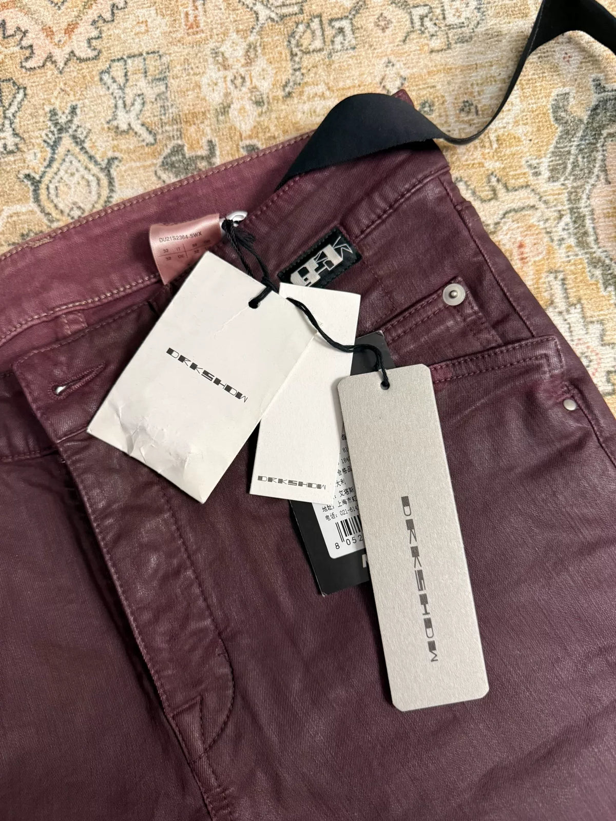 Rick Owens Burgundy Wet Wax Denim Jeans