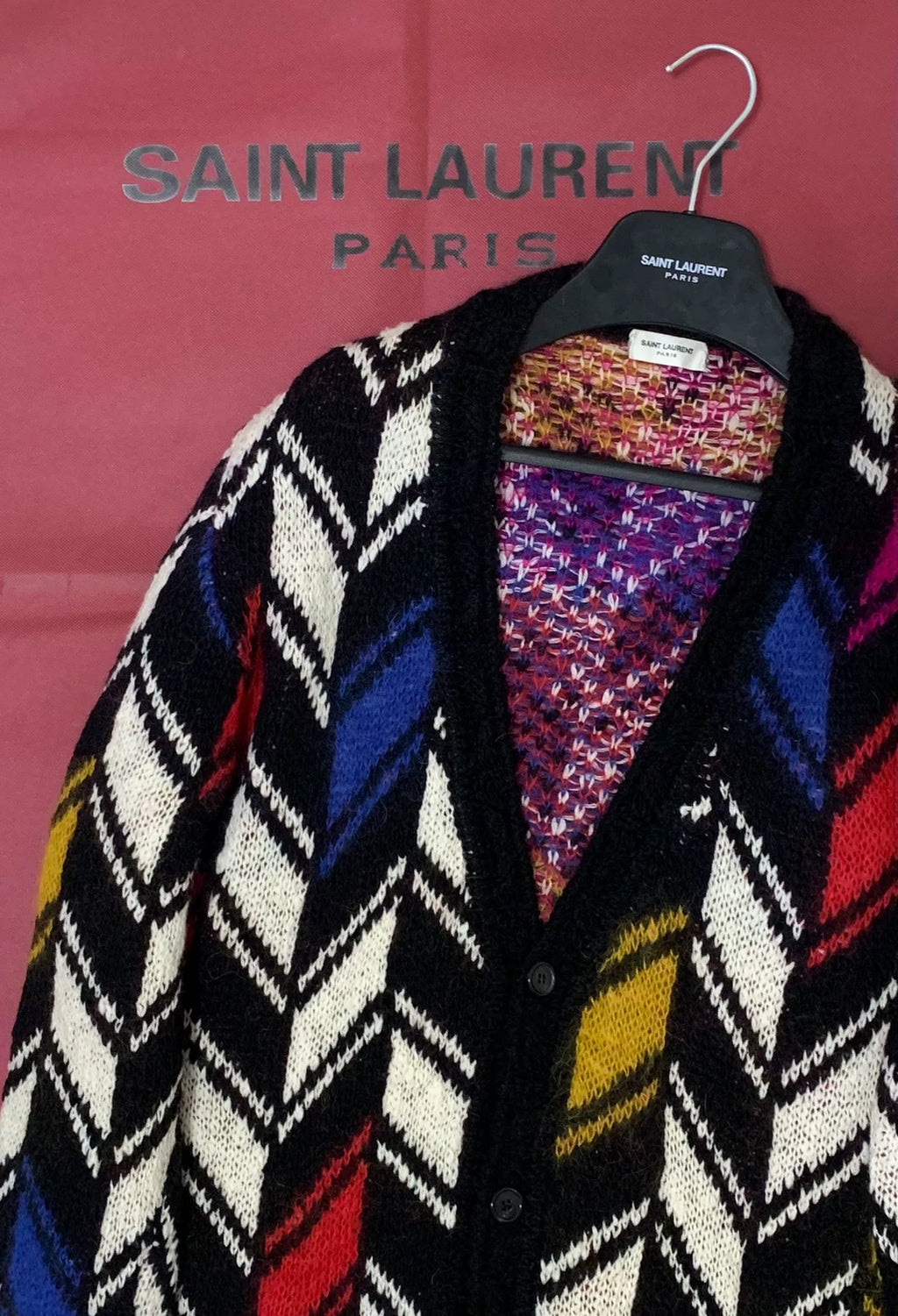 Saint Laurent 21FW Runway Multicolor Color-Block Mohair Knit Wool Cardigan