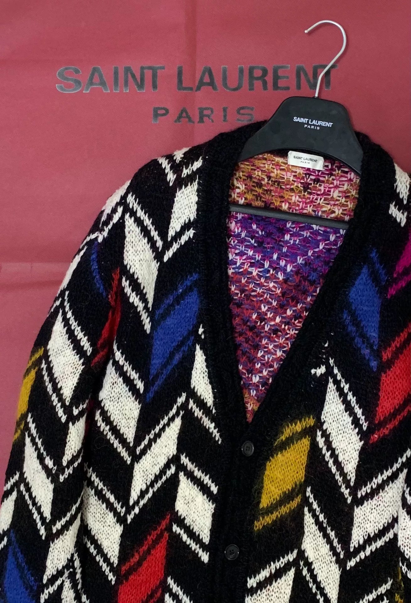 Saint Laurent 21FW Runway Multicolor Color-Block Mohair Knit Wool Cardigan
