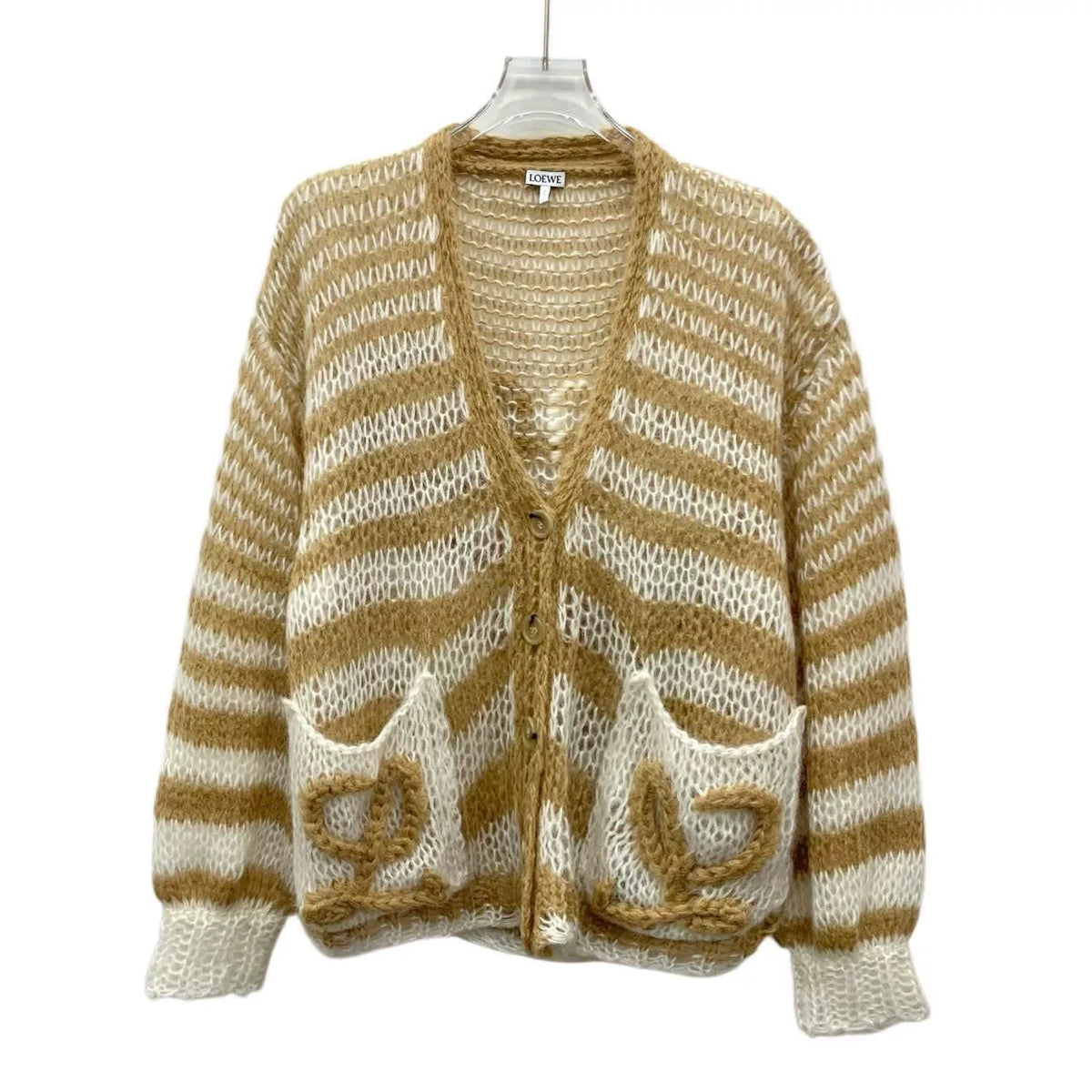 Loewe Brown Striped Logo-Embroidered Mohair V-Neck Single-Breasted Cardigan Jacket