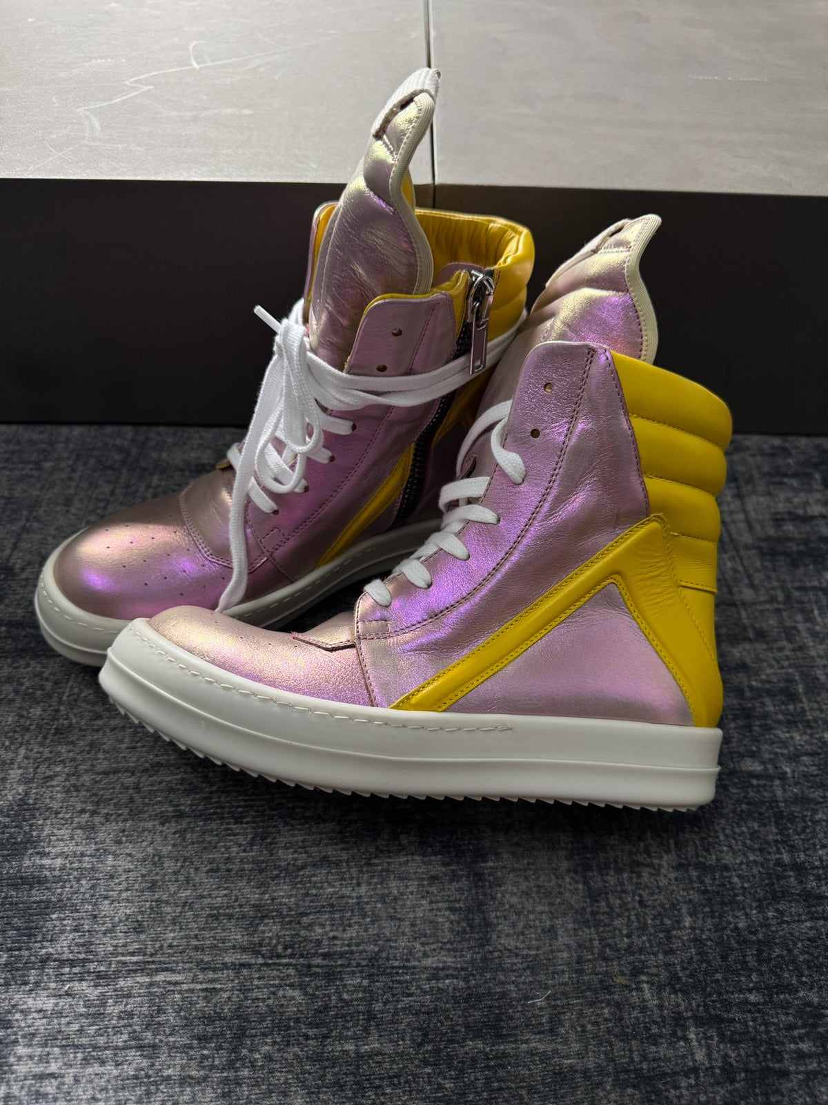 Rick Owens Pink Panel Inverted-Triangle Yellow Sneakers
