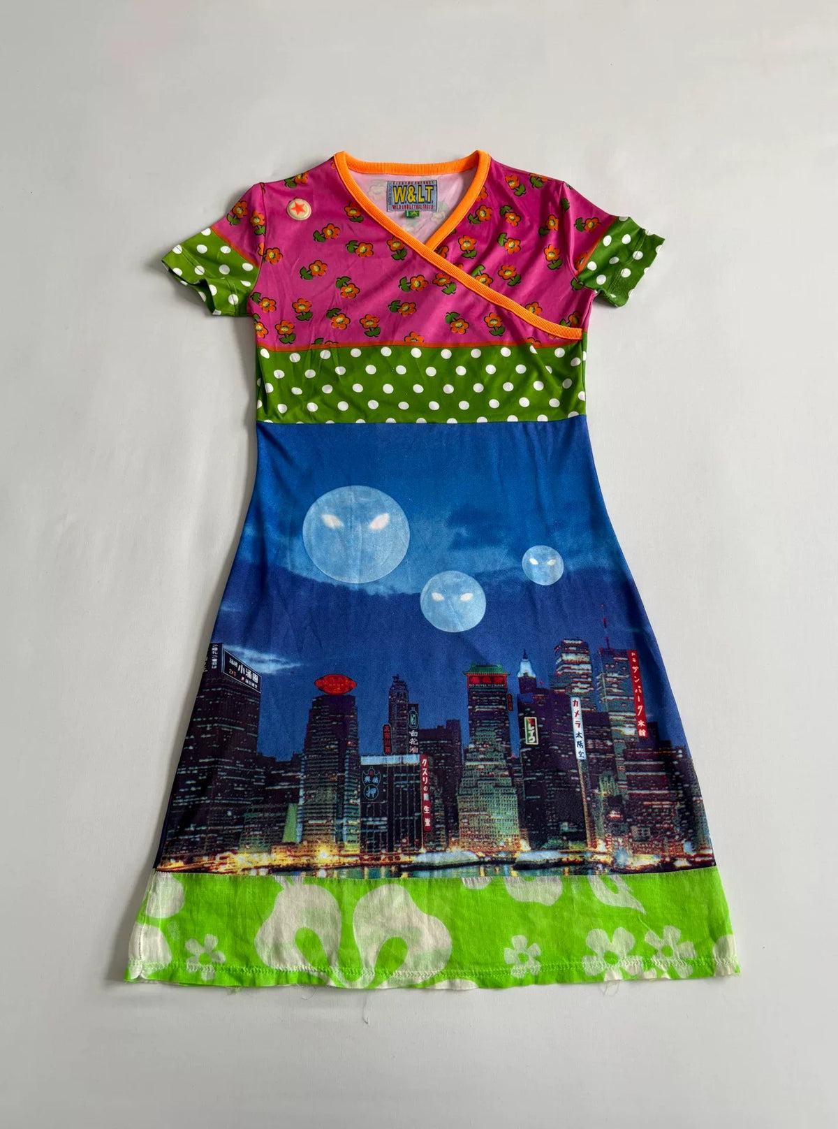 Walter van Beirendonck runway dress W&LT vintage 1997 runway piece city night view "Kiss the Future" print patchwork dress