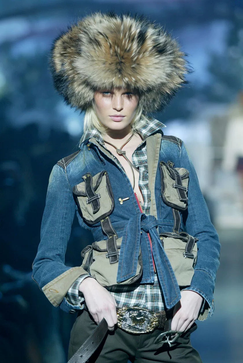 Dsquared 04AW Heavy-Duty Runway Pocket Leather-Panelled Hunting Jacket