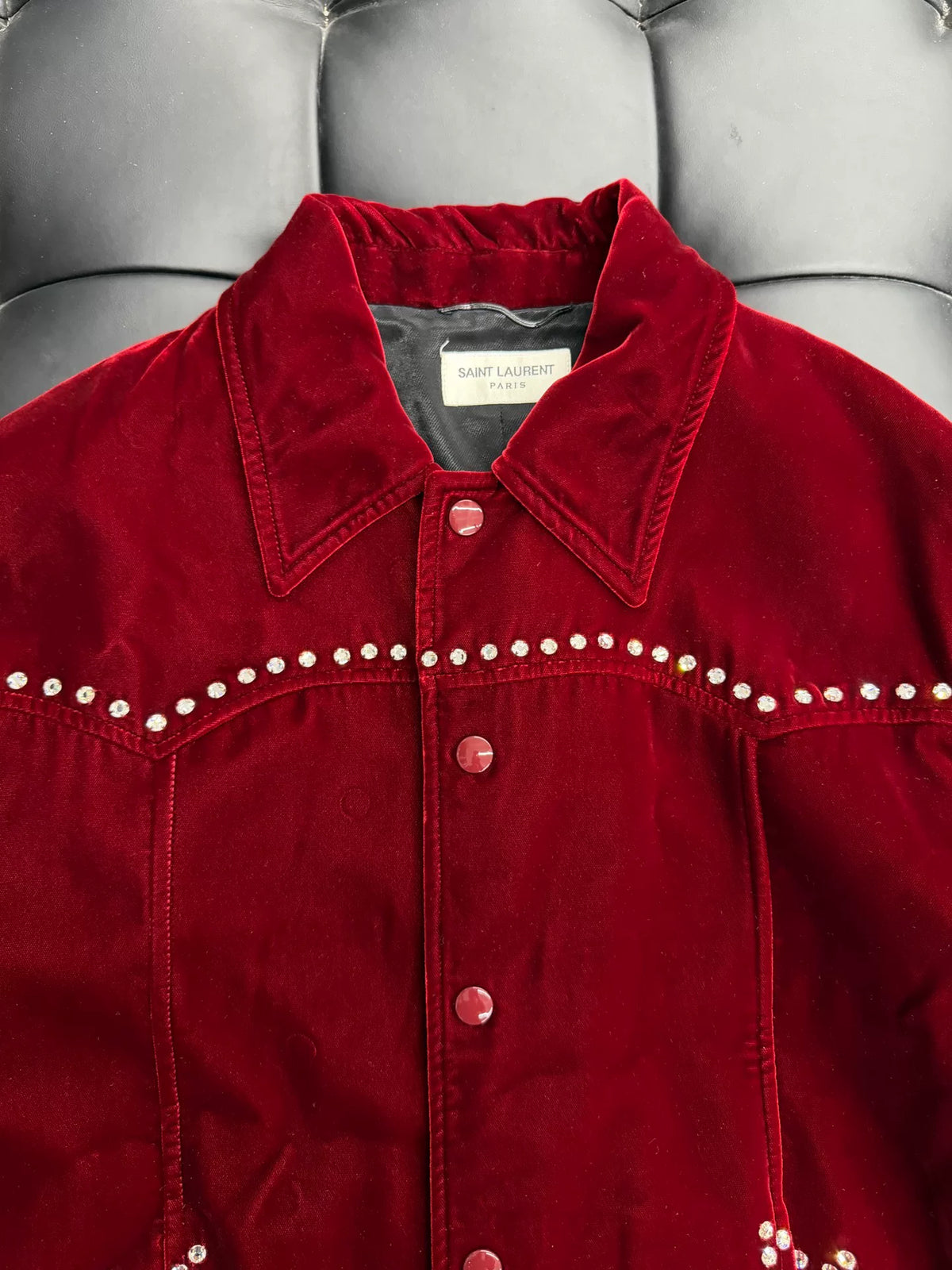 Saint Laurent AW16 Rhinestone Note Velvet Top