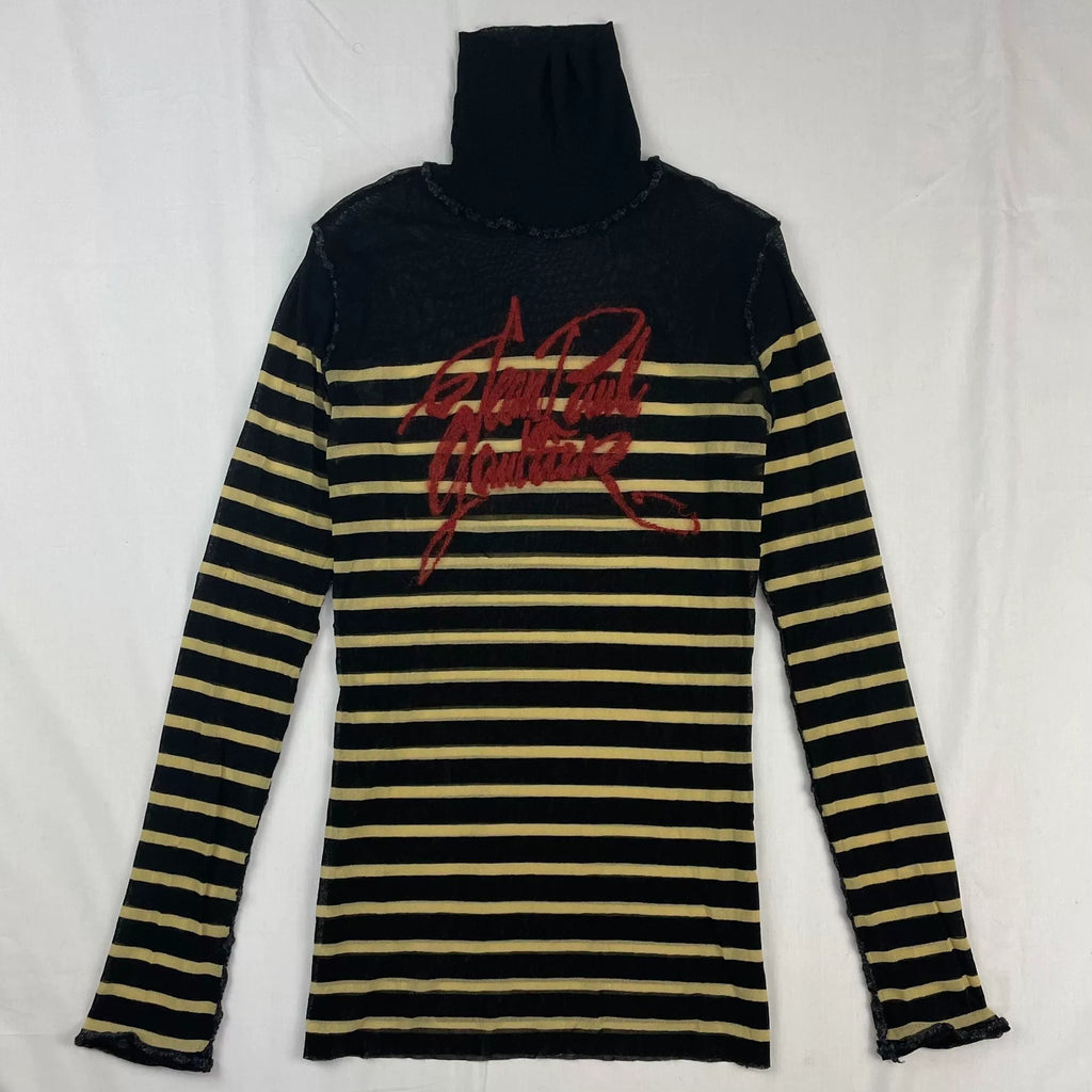 2001 Fall/Winter Jean Paul Gaultier Striped Elastic Mesh Turtleneck Long-Sleeve T-Shirt