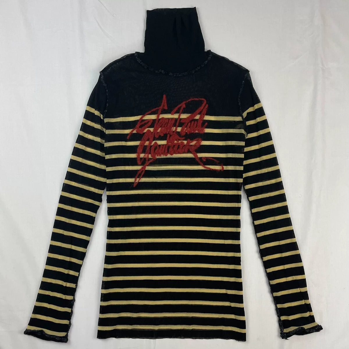 2001 Fall/Winter Jean Paul Gaultier Striped Elastic Mesh Turtleneck Long-Sleeve T-Shirt