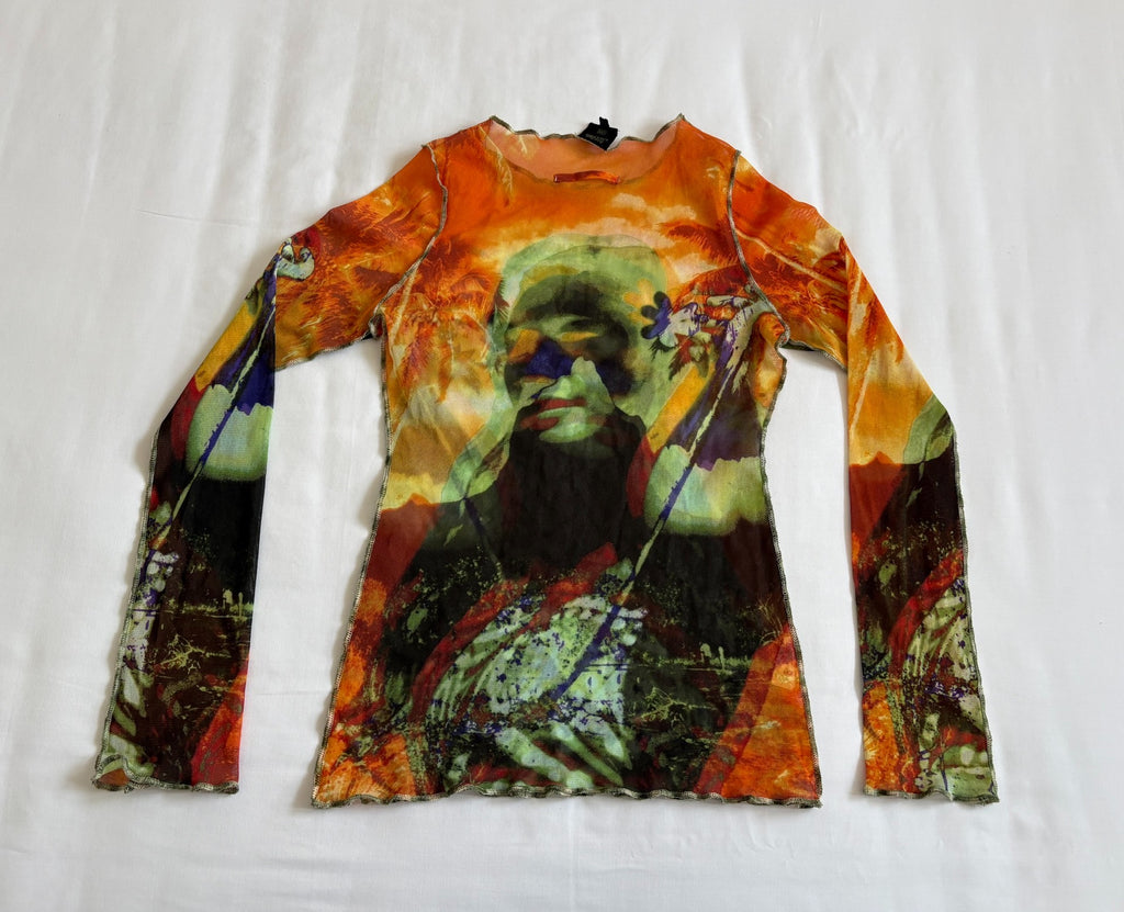 Jean Paul GAULTIER runway-style portrait print mesh top