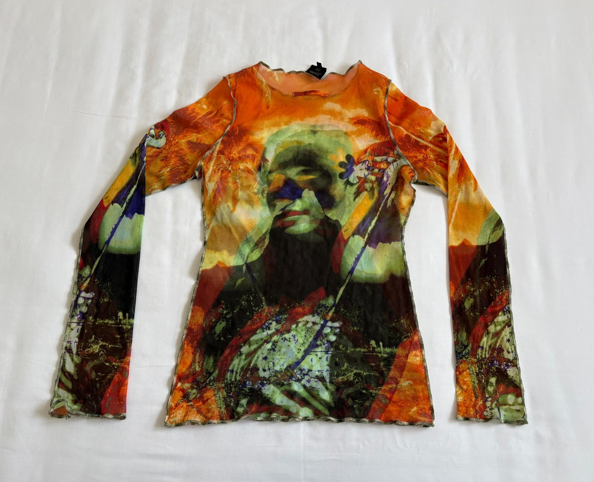 Jean Paul GAULTIER runway-style portrait print mesh top
