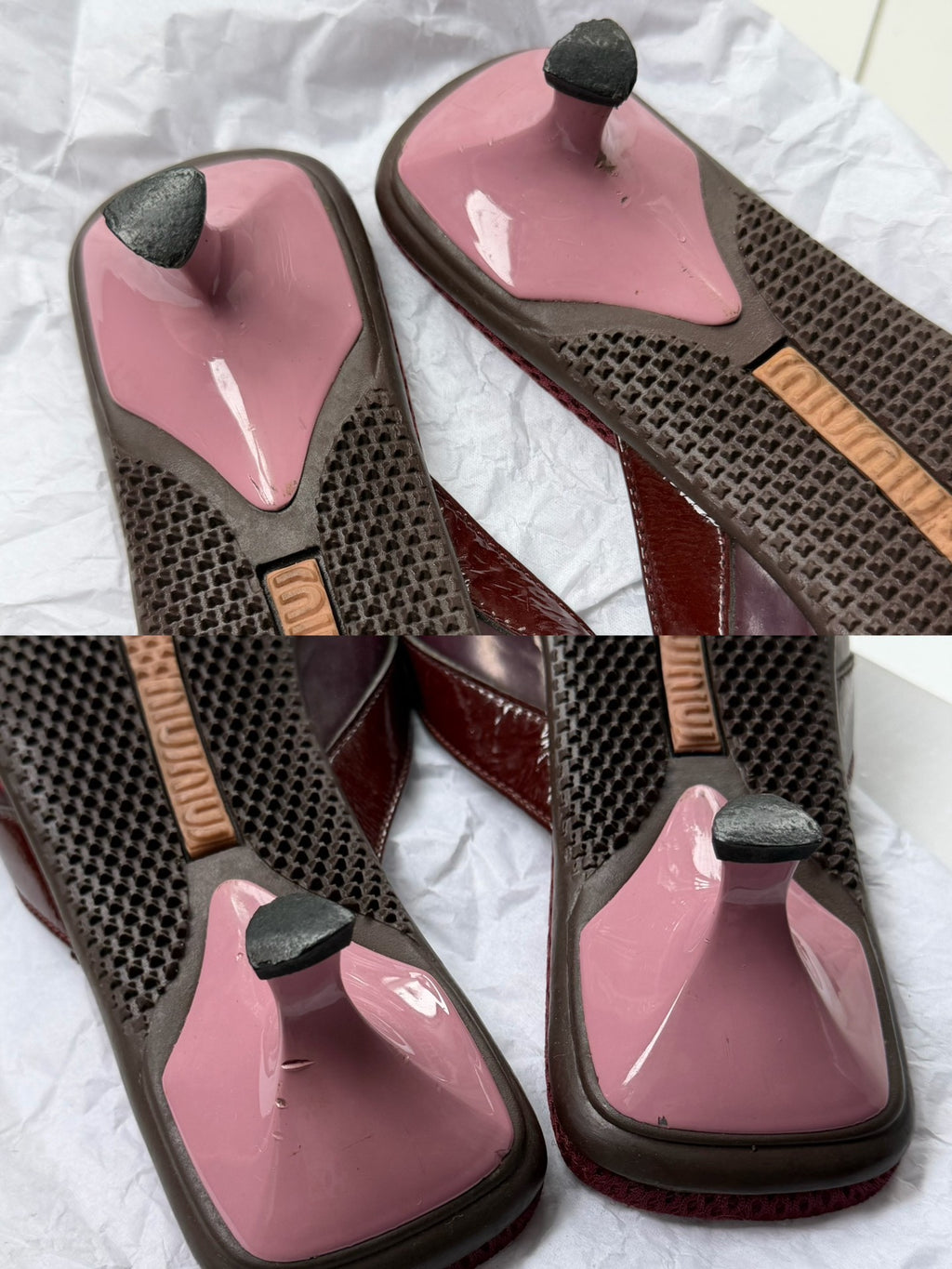 Miu Miu 00SS Wine Red Patent Leather Distressed Mule Slippers