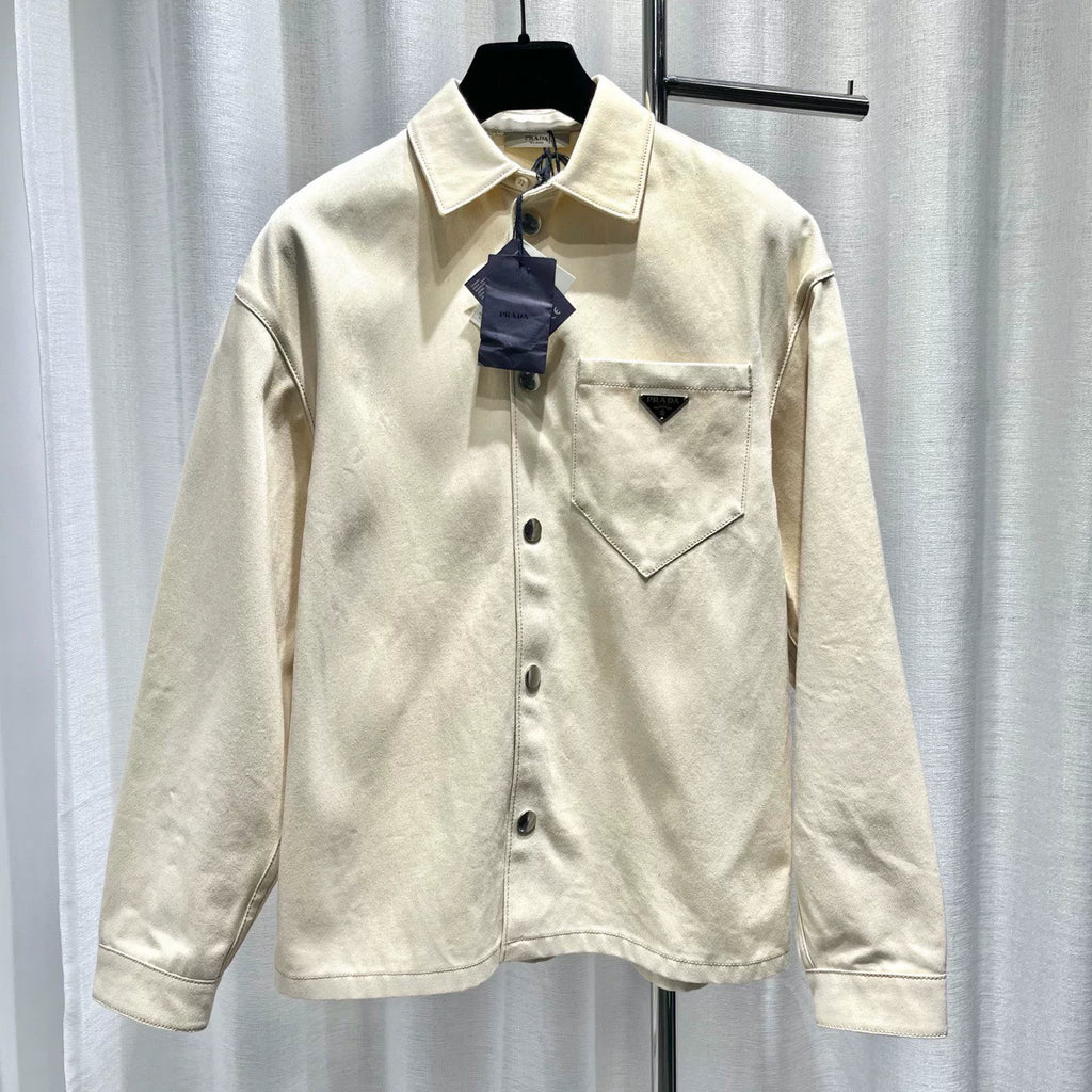 Prada Beige Metal Triangle Logo Snap-Button Combed Cotton Denim Jacket