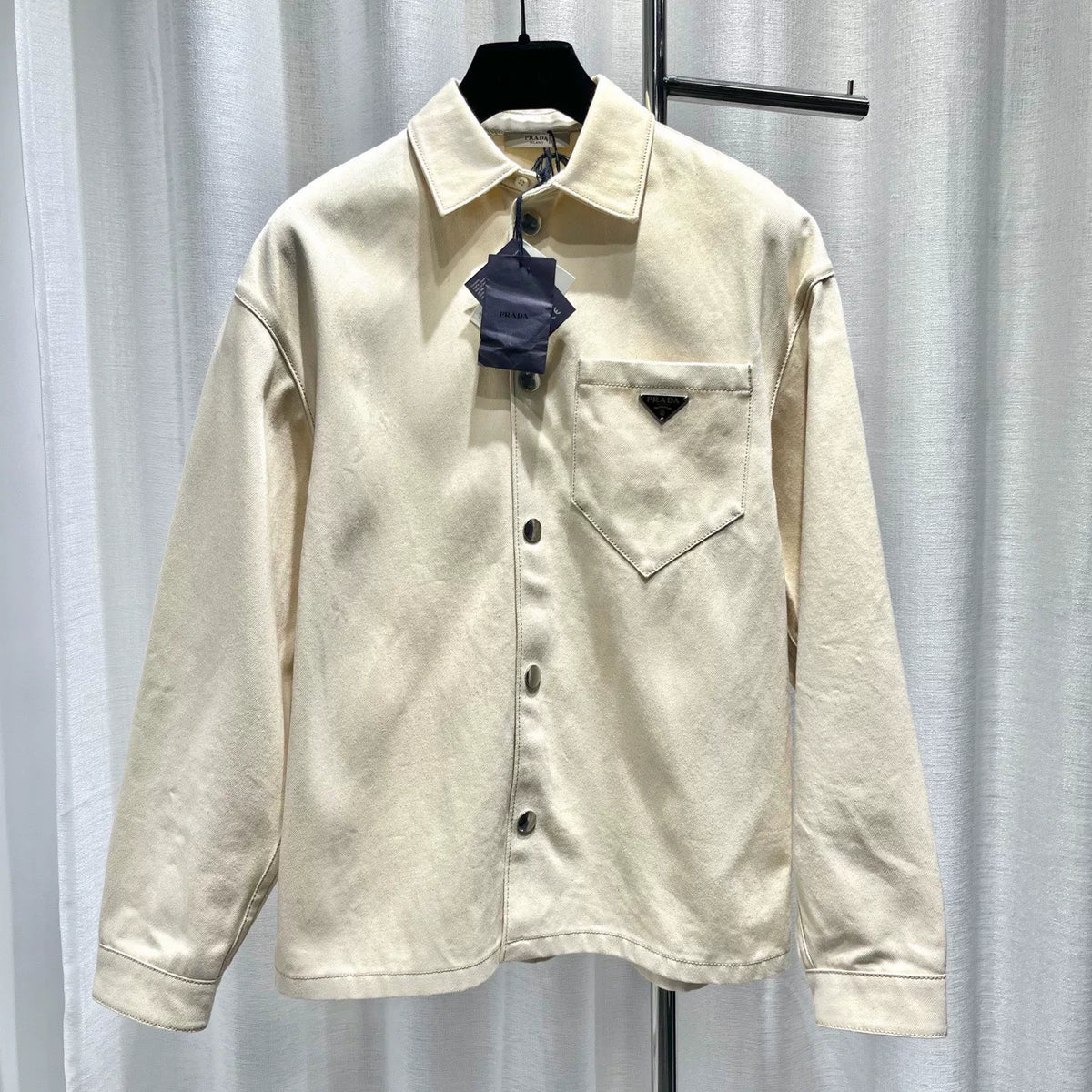 Prada Beige Metal Triangle Logo Snap-Button Combed Cotton Denim Jacket