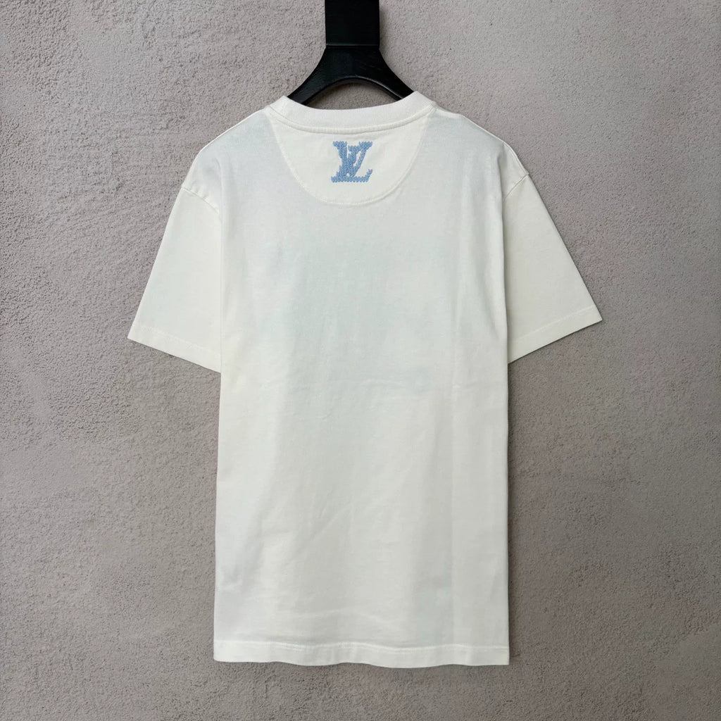 Louis Vuitton LV new embroidered logo blue slogan short-sleeve shirt