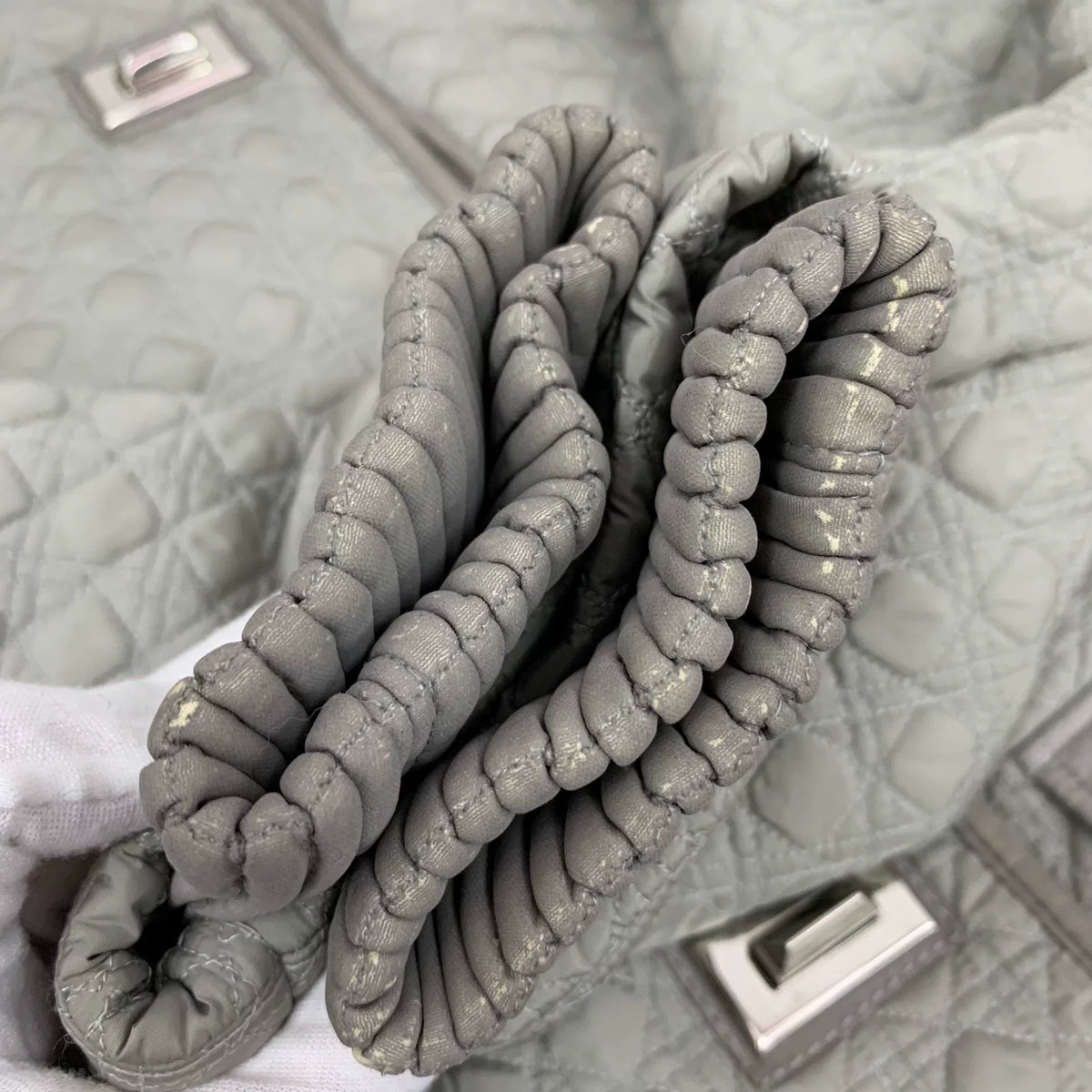 Dior Grey Diamond Quilted Hooded Fur Collar Silver Button Cotton Jacket