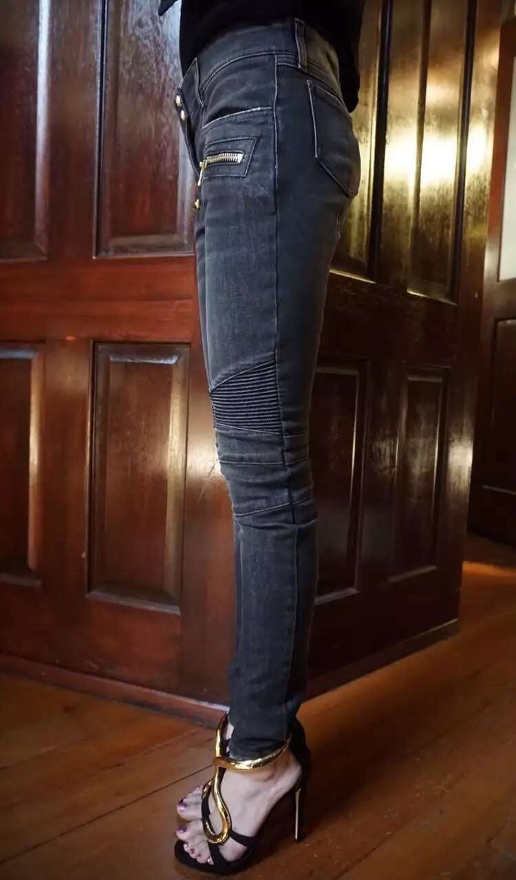 Balmain FW15 Sizs40 Dark Grey Black Gold Button Slim Fit Denim Jeans