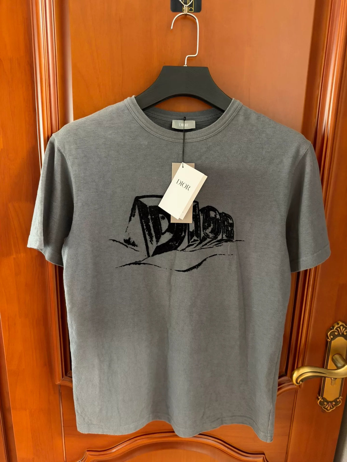 Dior Grey Flocked Logo Short Sleeve Top
