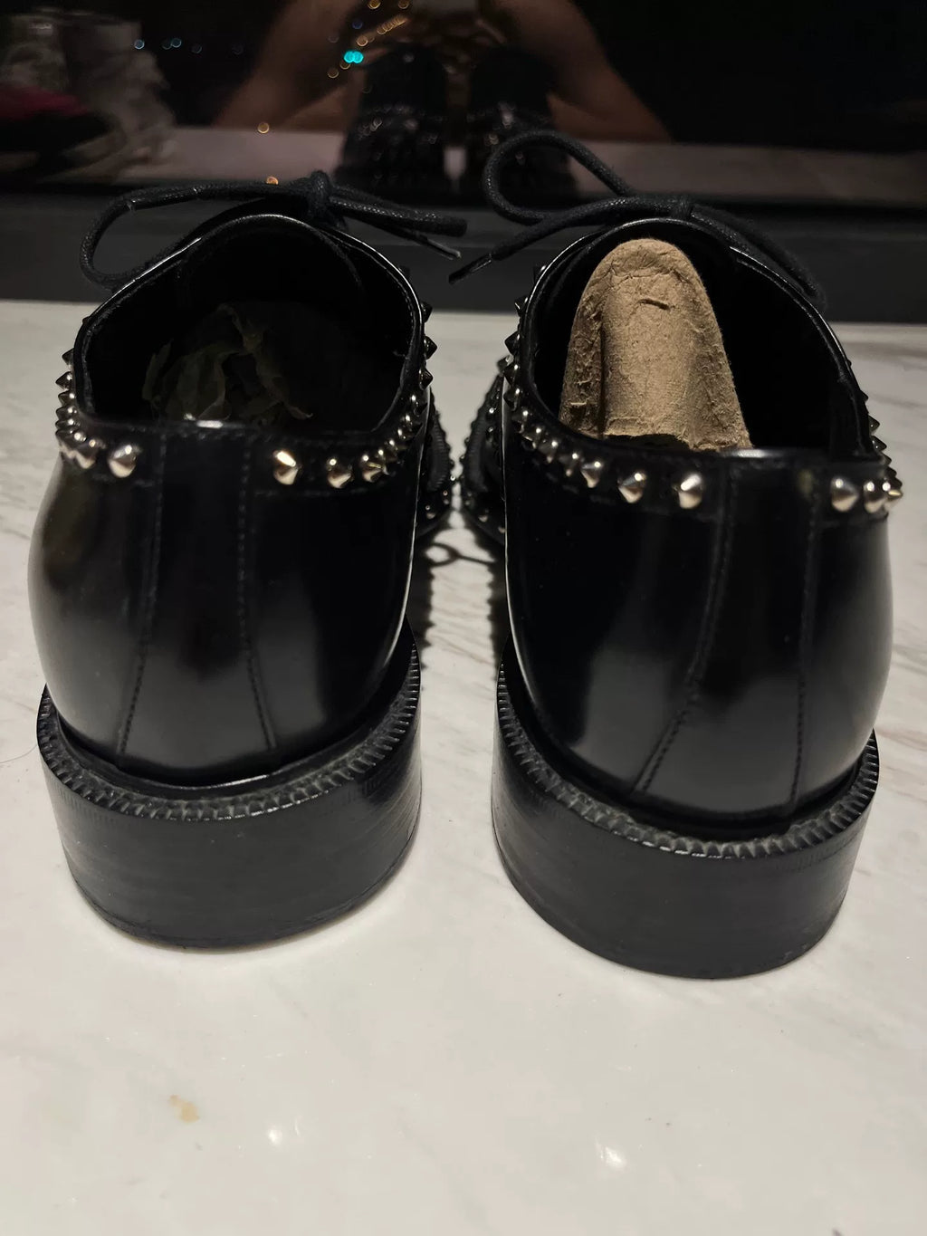 Prada Black Leather Metal Silver Stud Brogue Leather-Sole Lace-Ups