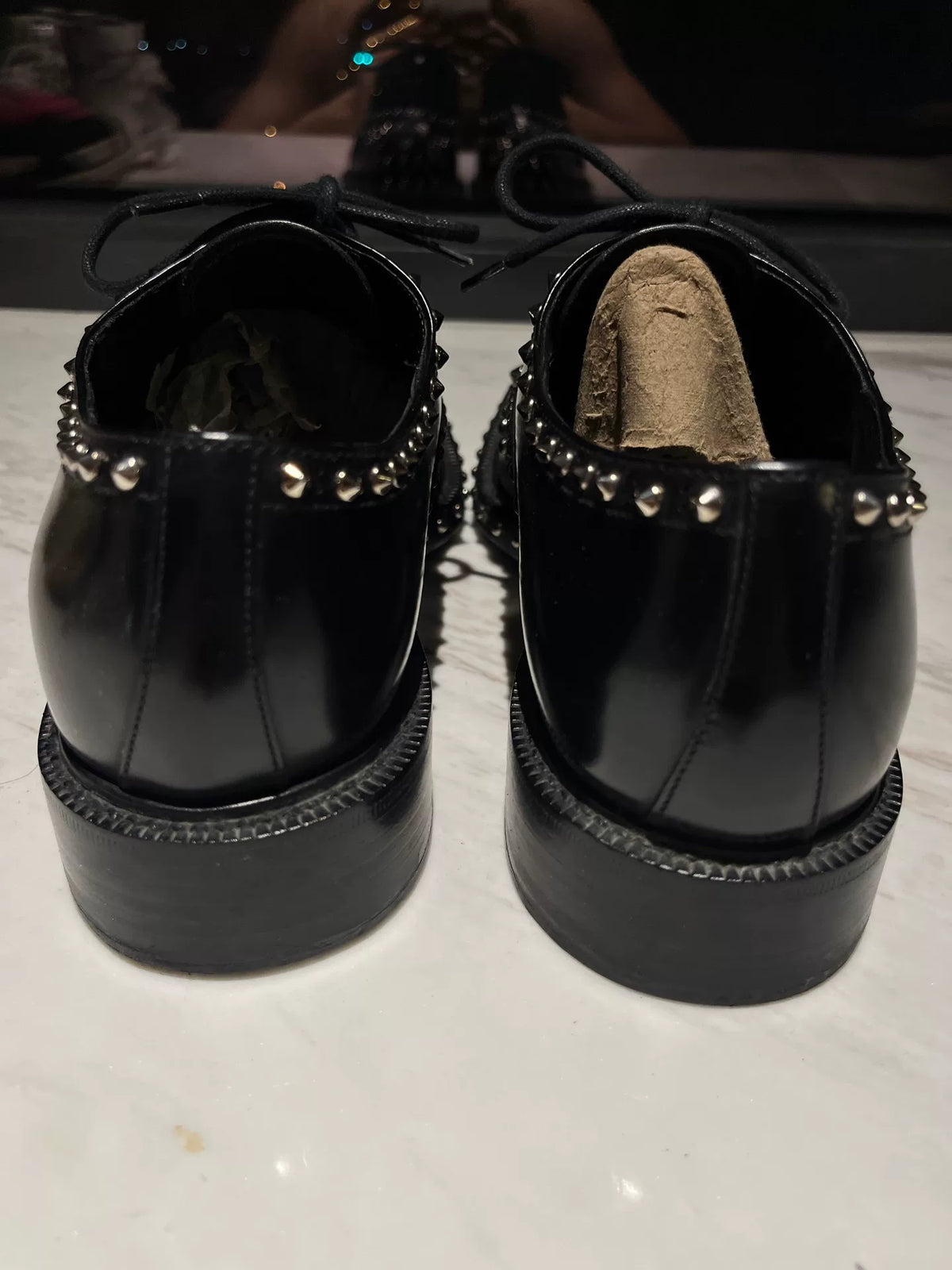 Prada Black Leather Metal Silver Stud Brogue Leather-Sole Lace-Ups