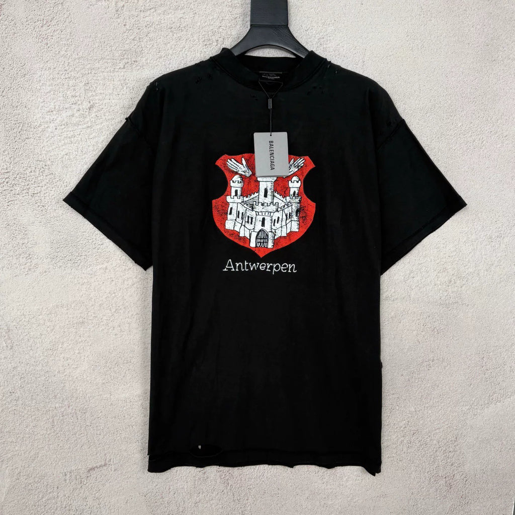 Balenciaga Black Castle Letter Logo Destruction Short Sleeve Top
