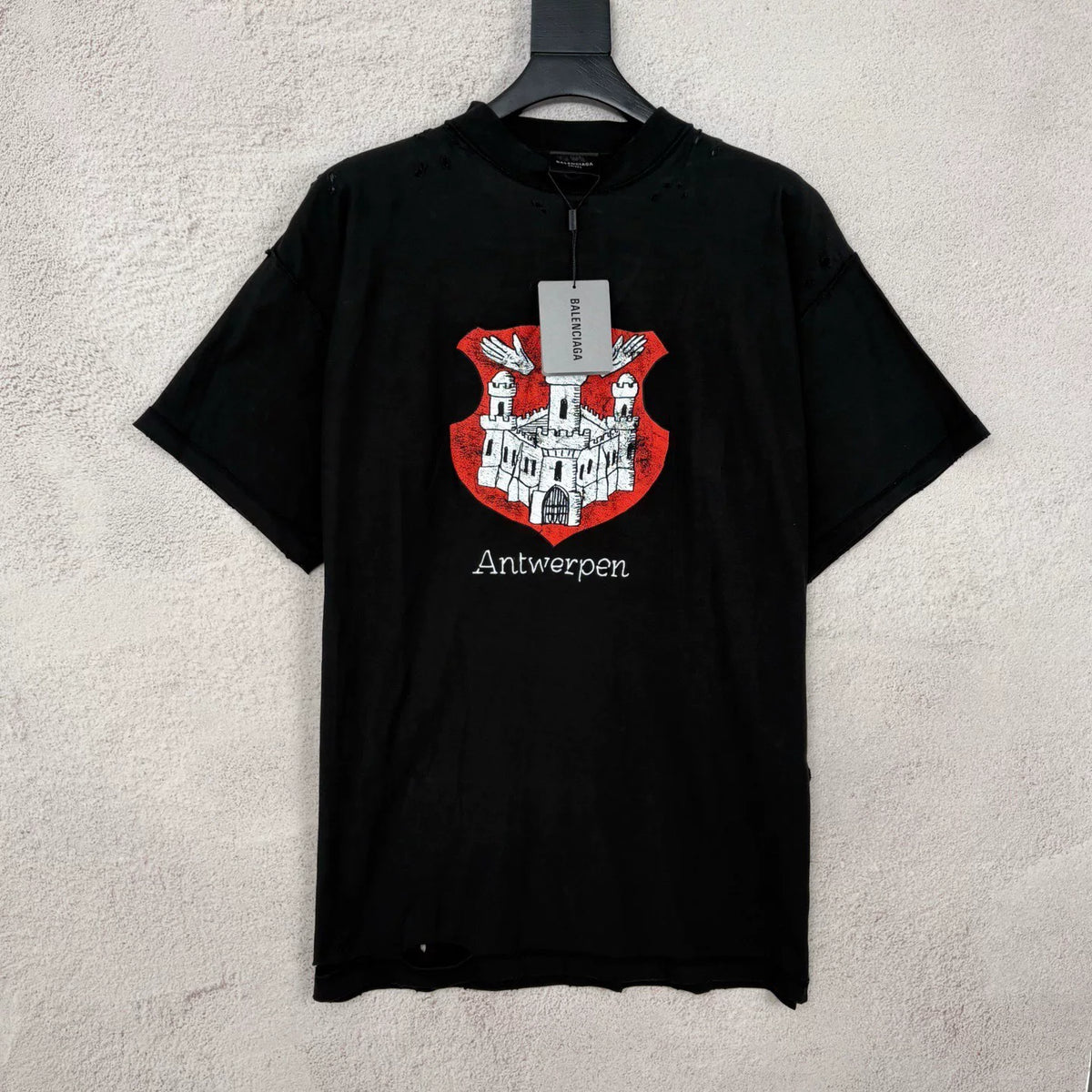 Balenciaga Black Castle Letter Logo Destruction Short Sleeve Top
