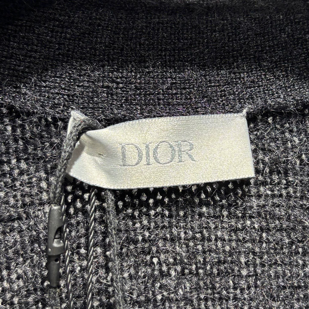 Dior Black Mohair Nylon Wool Blend Lettered Embroidered Button-Front V-Neck Cardigan