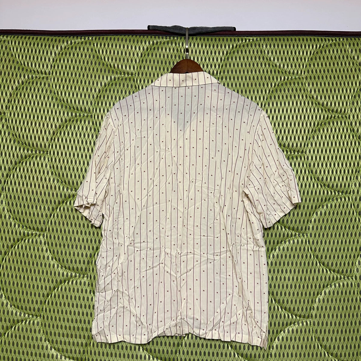 Celine Off-White Burgundy Striped Arc De Triomphe Cuban Collar Short Sleeve Shirt