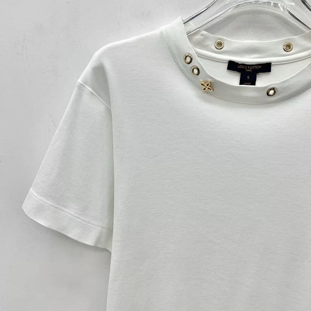 Louis Vuitton White Cut-Out Monogram Collar Cotton Crew Neck Short Sleeve Top